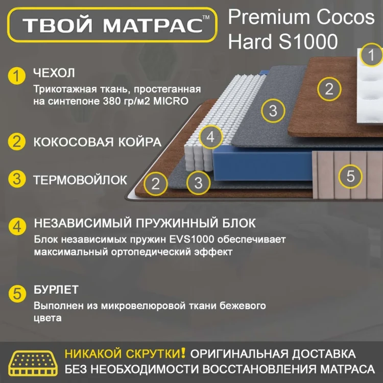 Твой Матрас Premium Cocos Hard S1000 80 х 190 см